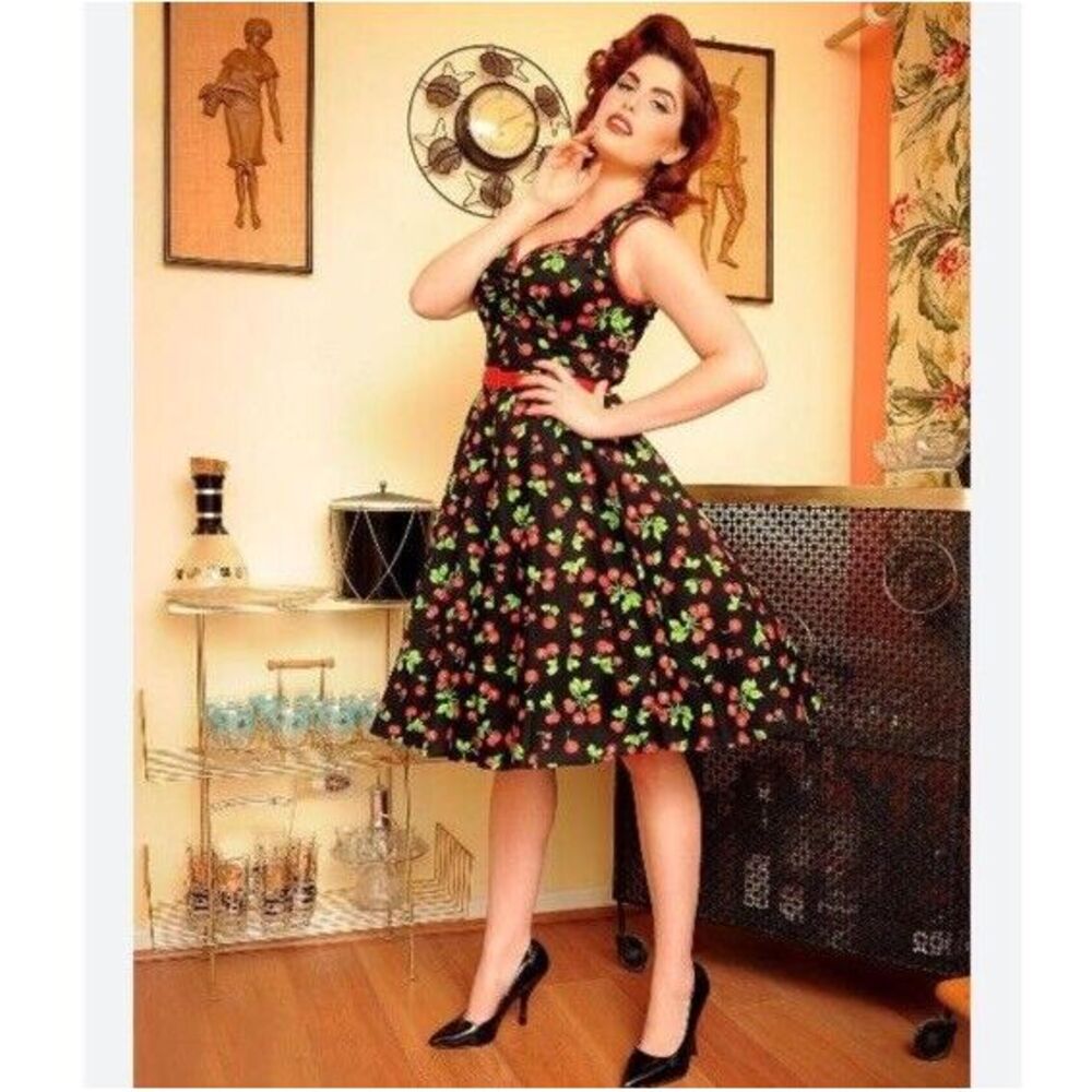 Vintage-Inspired Black Floral Fit & Flare Dress with Red Belt